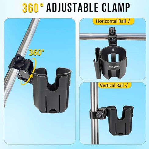 QualyQualy Boat Rail Cup Holder 2 Pack, No-Drill Clamp-On Marine Cup Holders 360° Adjustable for Pontoon Boat, Bimini Top, Grab Bar, PWC, Jet Ski, Fits Round & Square Rails 15-40mm, Boat Gifts for Men in Saudi Arabia