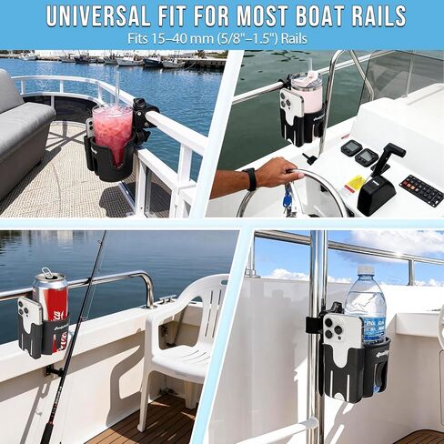 QualyQualy Boat Rail Cup Holder 2 Pack, No-Drill Clamp-On Marine Cup Holders 360° Adjustable for Pontoon Boat, Bimini Top, Grab Bar, PWC, Jet Ski, Fits Round & Square Rails 15-40mm, Boat Gifts for Men in Saudi Arabia