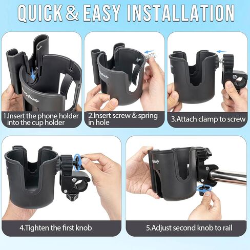 QualyQualy Boat Rail Cup Holder 2 Pack, No-Drill Clamp-On Marine Cup Holders 360° Adjustable for Pontoon Boat, Bimini Top, Grab Bar, PWC, Jet Ski, Fits Round & Square Rails 15-40mm, Boat Gifts for Men in Saudi Arabia