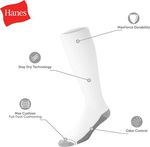 Hanes Men's Crew Socks Pack, 6-pair Pack, Max Cushion Moisture-wicking Stay Dry Athletic Over-the-calf Socks for Men in Saudi Arabia