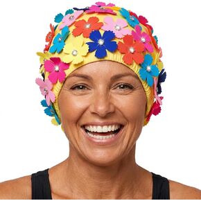 Flower Swim Cap for Women, Floral Retro Style Petal Fabric Bathing Cap with Sparkling Rhinestones, Comfortable Swimming Hat for Adult Ladies Girls Long/Short Hair, Stylish Pool Headwear for Spa in Kuwait