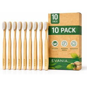 فرش أسنان إيفانيا المصنوعة من الخيزران الخشبي النقي - 10 عبوات - شعيرات ناعمة خالية من مادة BPA، مقبض خشبي طبيعي، صديقة للبيئة، قابلة للتحلل، نباتية وغير سامة - عناية مستدامة بالفم للبالغين والأطفال in Kuwait