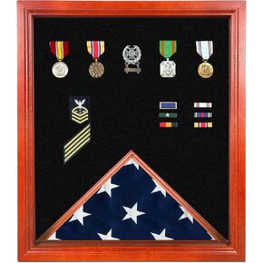 Super Tough Cherry Medal and Flag Display Case for American Veteran Burial | Holds 3ft x 5ft Flags | 20" W x 23" L | Display Box for Hanging Medals & Memorabilia to Show Honor in Saudi Arabia