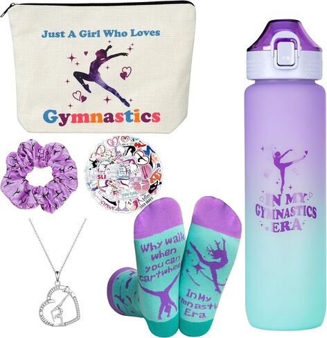 Gymnastics Gifts for Girls - Gymnastics Water Bottle, Cosmetic Bag, Necklace, Scrunchie, Socks, 50 Pcs Stickers - Gymnastics Party Favors for Girls, Birthday Gifts for Gymnastics Lovers in Saudi Arabia