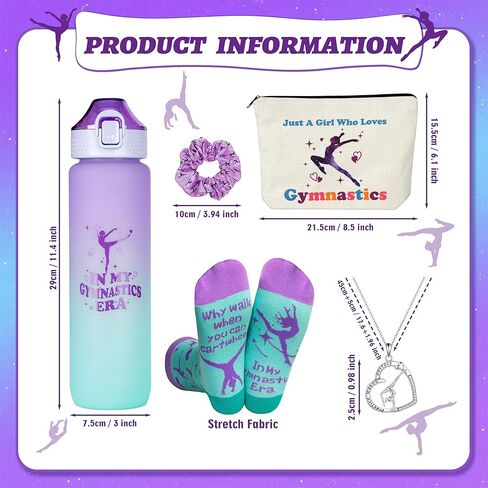 Gymnastics Gifts for Girls - Gymnastics Water Bottle, Cosmetic Bag, Necklace, Scrunchie, Socks, 50 Pcs Stickers - Gymnastics Party Favors for Girls, Birthday Gifts for Gymnastics Lovers in Saudi Arabia