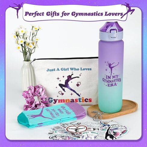 Gymnastics Gifts for Girls - Gymnastics Water Bottle, Cosmetic Bag, Necklace, Scrunchie, Socks, 50 Pcs Stickers - Gymnastics Party Favors for Girls, Birthday Gifts for Gymnastics Lovers in Saudi Arabia