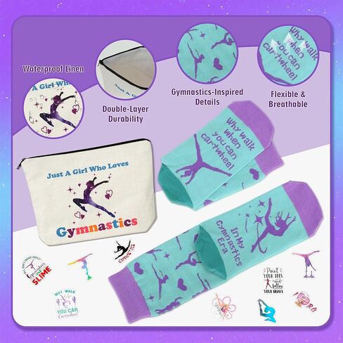 Gymnastics Gifts for Girls - Gymnastics Water Bottle, Cosmetic Bag, Necklace, Scrunchie, Socks, 50 Pcs Stickers - Gymnastics Party Favors for Girls, Birthday Gifts for Gymnastics Lovers in Saudi Arabia