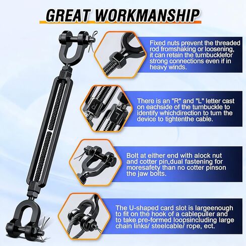 2 حزمة 3/8 "طلاء أسود الكهربي 304 SS الثقيلة الفك وصلة ربط الفك، شداد شدادات كبيرة للكابلات حبل الأسلاك، مجموعة بوابة مكافحة الترهل، خيمة الظل الشمس، الموتر درابزين سطح السفينة in Kuwait