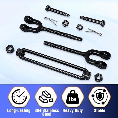 2 حزمة 3/8 "طلاء أسود الكهربي 304 SS الثقيلة الفك وصلة ربط الفك، شداد شدادات كبيرة للكابلات حبل الأسلاك، مجموعة بوابة مكافحة الترهل، خيمة الظل الشمس، الموتر درابزين سطح السفينة in Kuwait