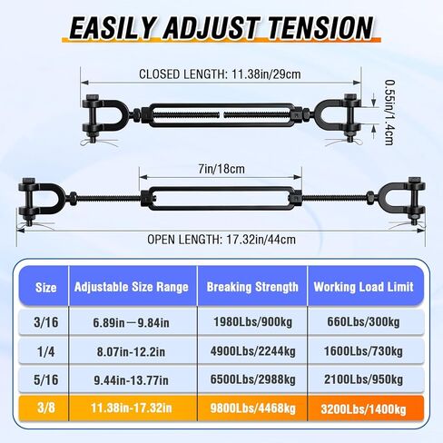 2 حزمة 3/8 "طلاء أسود الكهربي 304 SS الثقيلة الفك وصلة ربط الفك، شداد شدادات كبيرة للكابلات حبل الأسلاك، مجموعة بوابة مكافحة الترهل، خيمة الظل الشمس، الموتر درابزين سطح السفينة in Kuwait