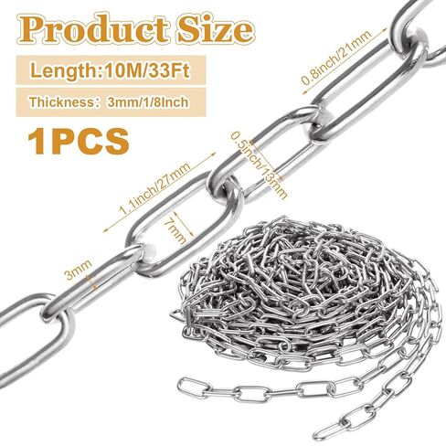1/8'' x 16.4Ft Length Galvanized Steel Coil Chain, Heavy Duty Silver Chain Links, Metal Chain for Indoor and Outdoor Hanging, Pet Chain, Security Lock Chain in Saudi Arabia