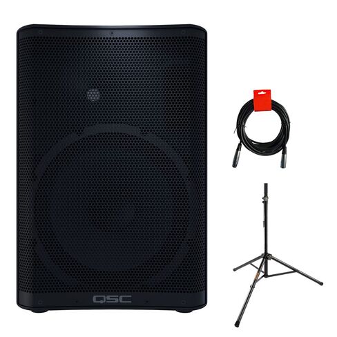 QSC CP12 Two-Way 12" 1000W Compact Powered Loudspeaker with DSP with Auray SS-47S Steel Speaker Stand and XLR-XLR Cable in Kuwait