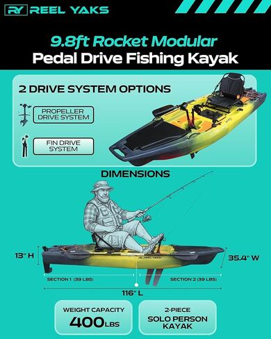 Rocket Modular Fishing Kayak - 9.8 قدم خفيفة الوزن ، الجلوس على قمة الكاياك للبالغين والشباب - تصميم مستقر ومحمول ، مثالي لتوفير الفضاء للسفر - 400 رطل سعة in Kuwait
