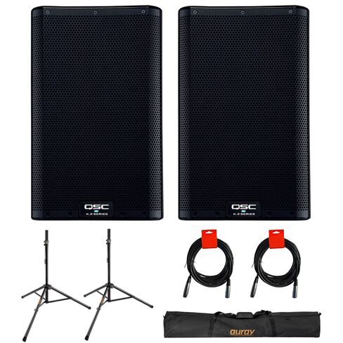 QSC K8.2 Two-Way 8" 2000W Powered Portable PA Speaker with DSP Processor (Pair) Bundle with Auray SS-47S-PB Steel Speaker Stand with Case and 2X XLR-XLR Cable in Kuwait