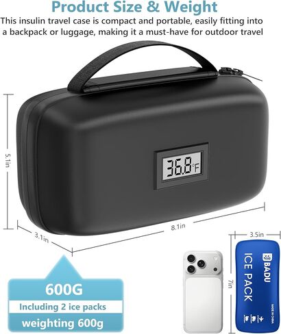Insulin Cooler Travel Case TSA Approved, Diabetic Medication Cooling Bag with Temperature Display for Travel and Daily Use, 2 Ice Pack, Black in Saudi Arabia