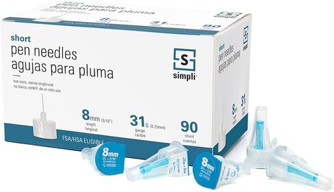 SIMPLI Insulin Pen Needles for at-Home Insulin Injections, Compatible with Most Diabetes Pens and Injection Devices, Size: Short 8mm (5/16") x 31G, 90 Count in Kuwait