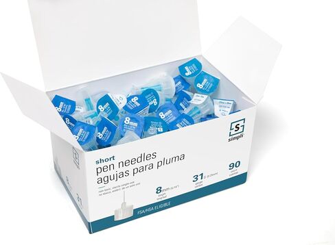 SIMPLI Insulin Pen Needles for at-Home Insulin Injections, Compatible with Most Diabetes Pens and Injection Devices, Size: Short 8mm (5/16") x 31G, 90 Count in Kuwait
