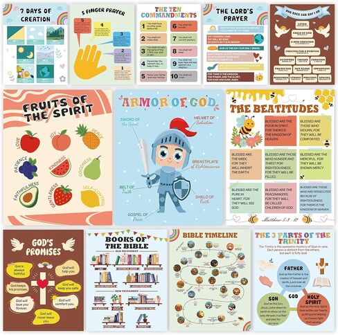 XKDOUS 12 Pcs Sunday School Decorations for Classroom, 11" x 14" Books of the Bible Poster for Classroom Decor, Fruits of the Spirit Wall Decor, Christian Bulletin Board Sets, 10 Commandments & More in Saudi Arabia