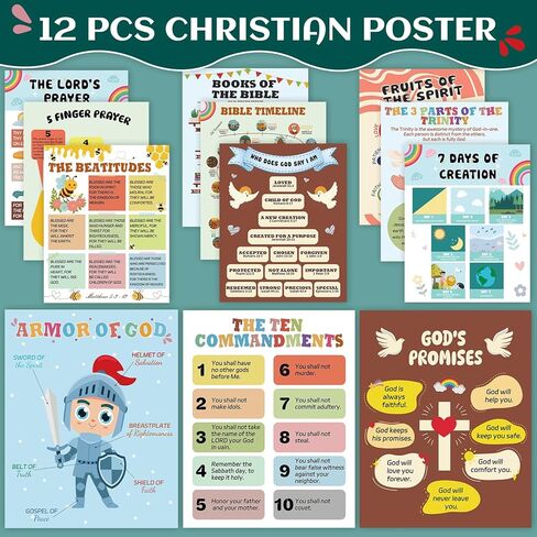 XKDOUS 12 Pcs Sunday School Decorations for Classroom, 11" x 14" Books of the Bible Poster for Classroom Decor, Fruits of the Spirit Wall Decor, Christian Bulletin Board Sets, 10 Commandments & More in Saudi Arabia