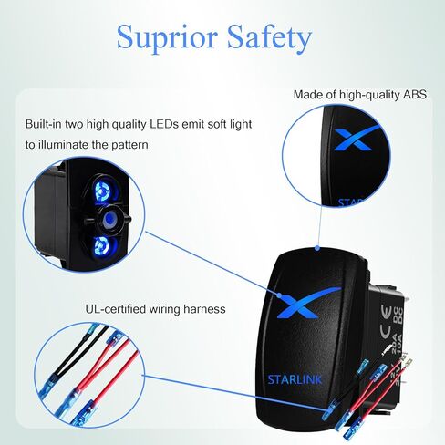 طقم مفاتيح هزاز مقاوم للماء 12 فولت/24 فولت، أزرق LED تشغيل/إيقاف SPST 5Pin مع سرج توصيل سلكي مسبقًا لـ Starlink (مفتاح 5Pin) in Kuwait