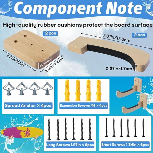 Surfboard Wall Mount Rack (1 Pair), Solid Wood Surfboard Holder for Wall Storage, Non-Slip Surf Board Wall Mounts for Longboard, Shortboard, Skimboard, Snowboard & Skateboard, Indoor & Outdoor Use in Kuwait