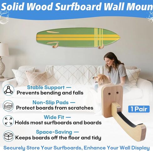 Surfboard Wall Mount Rack (1 Pair), Solid Wood Surfboard Holder for Wall Storage, Non-Slip Surf Board Wall Mounts for Longboard, Shortboard, Skimboard, Snowboard & Skateboard, Indoor & Outdoor Use in Kuwait
