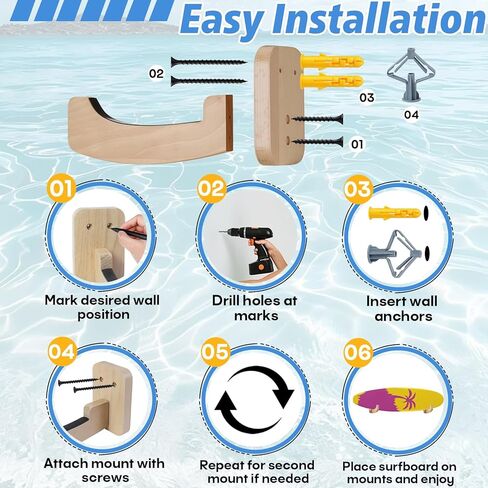 Surfboard Wall Mount Rack (1 Pair), Solid Wood Surfboard Holder for Wall Storage, Non-Slip Surf Board Wall Mounts for Longboard, Shortboard, Skimboard, Snowboard & Skateboard, Indoor & Outdoor Use in Kuwait