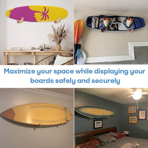 Surfboard Wall Mount Rack (1 Pair), Solid Wood Surfboard Holder for Wall Storage, Non-Slip Surf Board Wall Mounts for Longboard, Shortboard, Skimboard, Snowboard & Skateboard, Indoor & Outdoor Use in Kuwait