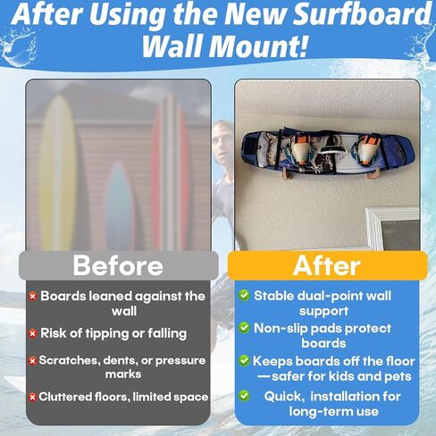 Surfboard Wall Mount Rack (1 Pair), Solid Wood Surfboard Holder for Wall Storage, Non-Slip Surf Board Wall Mounts for Longboard, Shortboard, Skimboard, Snowboard & Skateboard, Indoor & Outdoor Use in Kuwait