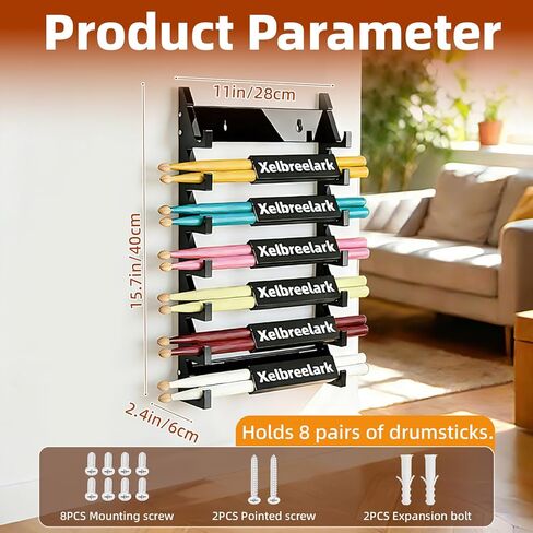 Black Acrylic Drum Stick Holder Wall Mount，Efficient Drumstick Display and Organizer, Holds 8 Sets of Drumsticks, Space-Saving, Durable and Sturdy in Saudi Arabia