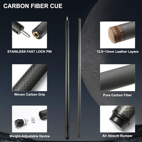 Carbon Fiber Pool Cue Stick-12.8mm Tip Billiard Carbon Fiber cue, 58" Tip Low Deflection Billiard Carbon Fiber cue with case, Weight Adjustable Design -18OZ,18.4OZ,19OZ,20OZ in Kuwait