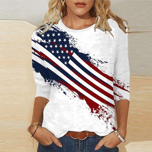 4Th of July Shirts Women American Flag Patriotic Tees Independence Day Tops Summer 3/4 Sleeve T-Shirts Vacation Outfits in Saudi Arabia
