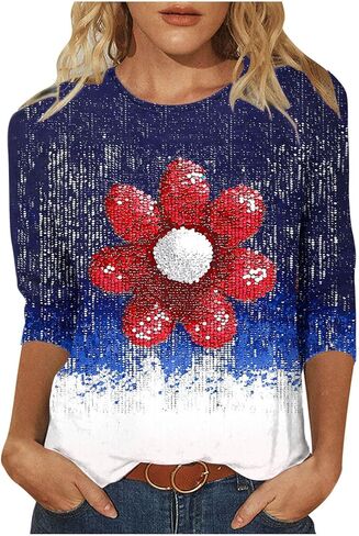 4Th of July Shirts Women American Flag Patriotic Tees Independence Day Tops Summer 3/4 Sleeve T-Shirts Vacation Outfits in Saudi Arabia