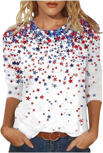 4Th of July Shirts Women American Flag Patriotic Tees Independence Day Tops Summer 3/4 Sleeve T-Shirts Vacation Outfits in Saudi Arabia