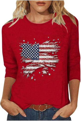 4Th of July Shirts Women American Flag Patriotic Tees Independence Day Tops Summer 3/4 Sleeve T-Shirts Vacation Outfits in Saudi Arabia