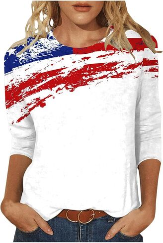 4Th of July Shirts Women American Flag Patriotic Tees Independence Day Tops Summer 3/4 Sleeve T-Shirts Vacation Outfits in Saudi Arabia