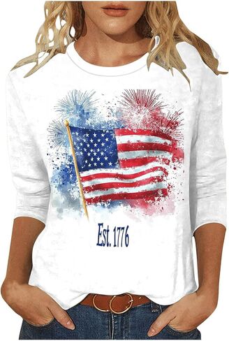 4Th of July Shirts Women American Flag Patriotic Tees Independence Day Tops Summer 3/4 Sleeve T-Shirts Vacation Outfits in Saudi Arabia