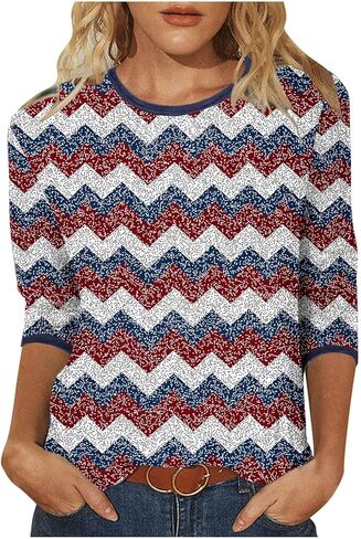 4Th of July Shirts Women American Flag Patriotic Tees Independence Day Tops Summer 3/4 Sleeve T-Shirts Vacation Outfits in Saudi Arabia