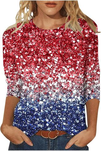 4Th of July Shirts Women American Flag Patriotic Tees Independence Day Tops Summer 3/4 Sleeve T-Shirts Vacation Outfits in Saudi Arabia