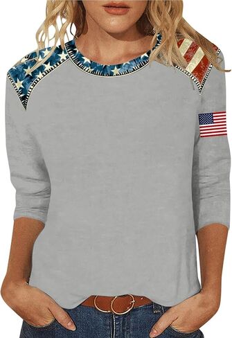 4Th of July Shirts Women American Flag Patriotic Tees Independence Day Tops Summer 3/4 Sleeve T-Shirts Vacation Outfits in Saudi Arabia