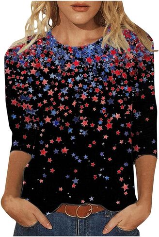 4Th of July Shirts Women American Flag Patriotic Tees Independence Day Tops Summer 3/4 Sleeve T-Shirts Vacation Outfits in Saudi Arabia