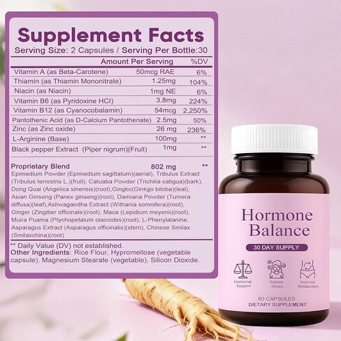 مكملات التوازن الهرموني للنساء - إدارة الوزن لتخفيف أعراض انقطاع الطمث، ودعم الحالة المزاجية والطاقة، مع أشواغاندا وجذور الزنجبيل، 60 كبسولة in Kuwait