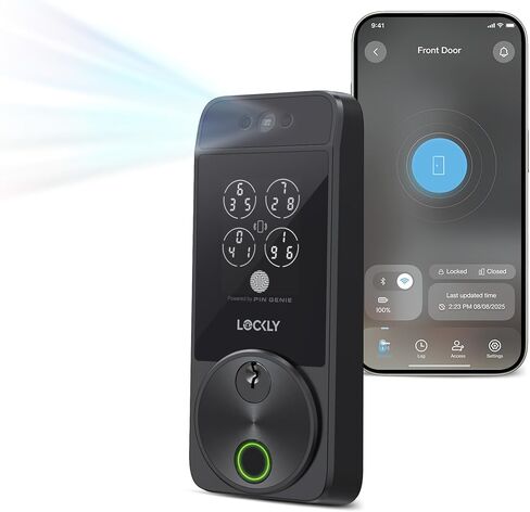 قفل ذكي من سلسلة Lockly Visage Zeno، التعرف على الوجه وبصمة الإصبع، قفل باب دخول بدون مفتاح، قفل واي فاي مدمج مع مفتاح Apple Home، لوحة مفاتيح PIN Genie، جهاز تحكم عن بعد للتطبيق (أسود غير لامع) in Saudi Arabia