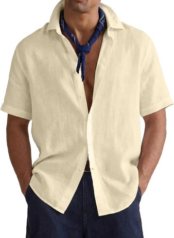 Men's Casual Short Sleeve Shirts Linen Cotton Relaxed Fit Button Down Lightweight Breathable Summer Tops Vacation in Saudi Arabia