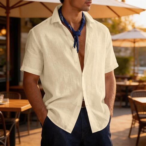 Men's Casual Short Sleeve Shirts Linen Cotton Relaxed Fit Button Down Lightweight Breathable Summer Tops Vacation in Saudi Arabia