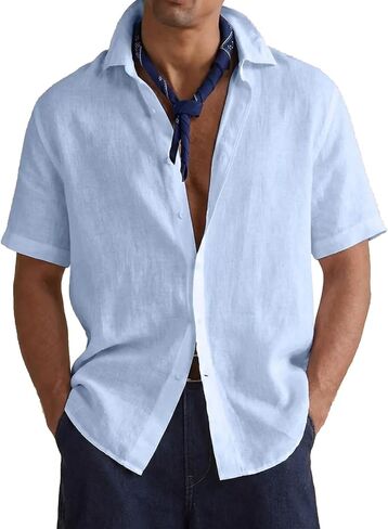 Men's Casual Short Sleeve Shirts Linen Cotton Relaxed Fit Button Down Lightweight Breathable Summer Tops Vacation in Saudi Arabia