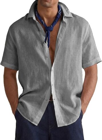 Men's Casual Short Sleeve Shirts Linen Cotton Relaxed Fit Button Down Lightweight Breathable Summer Tops Vacation in Saudi Arabia