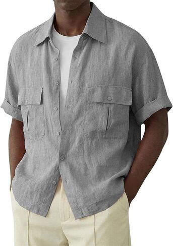 Men's Casual Short Sleeve Shirts Linen Cotton Relaxed Fit Button Down Lightweight Breathable Summer Tops Vacation in Saudi Arabia