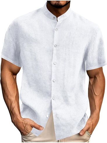 Men's Casual Short Sleeve Shirts Linen Cotton Relaxed Fit Button Down Lightweight Breathable Summer Tops Vacation in Saudi Arabia