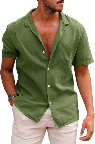 Men's Casual Short Sleeve Shirts Linen Cotton Relaxed Fit Button Down Lightweight Breathable Summer Tops Vacation in Saudi Arabia